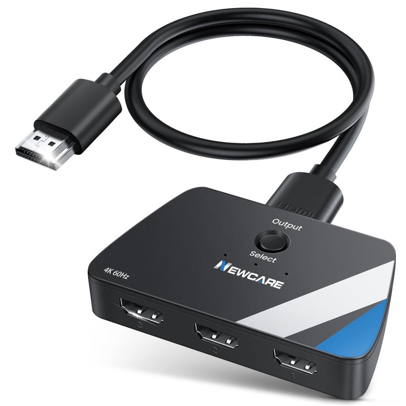 Newcare [Upgrade] HDMI Switch 3 in 1 Out, 4K@60Hz HDMI 2.0 Switch Splitter with 2.6FT Long HDMI Cable, 3-Port HDMI Switcher Selector, Supports 4K 30Hz 3D 1080P HDCP2.2 for PS5 Xbox DVD Player Fire Stick PC - Image 1